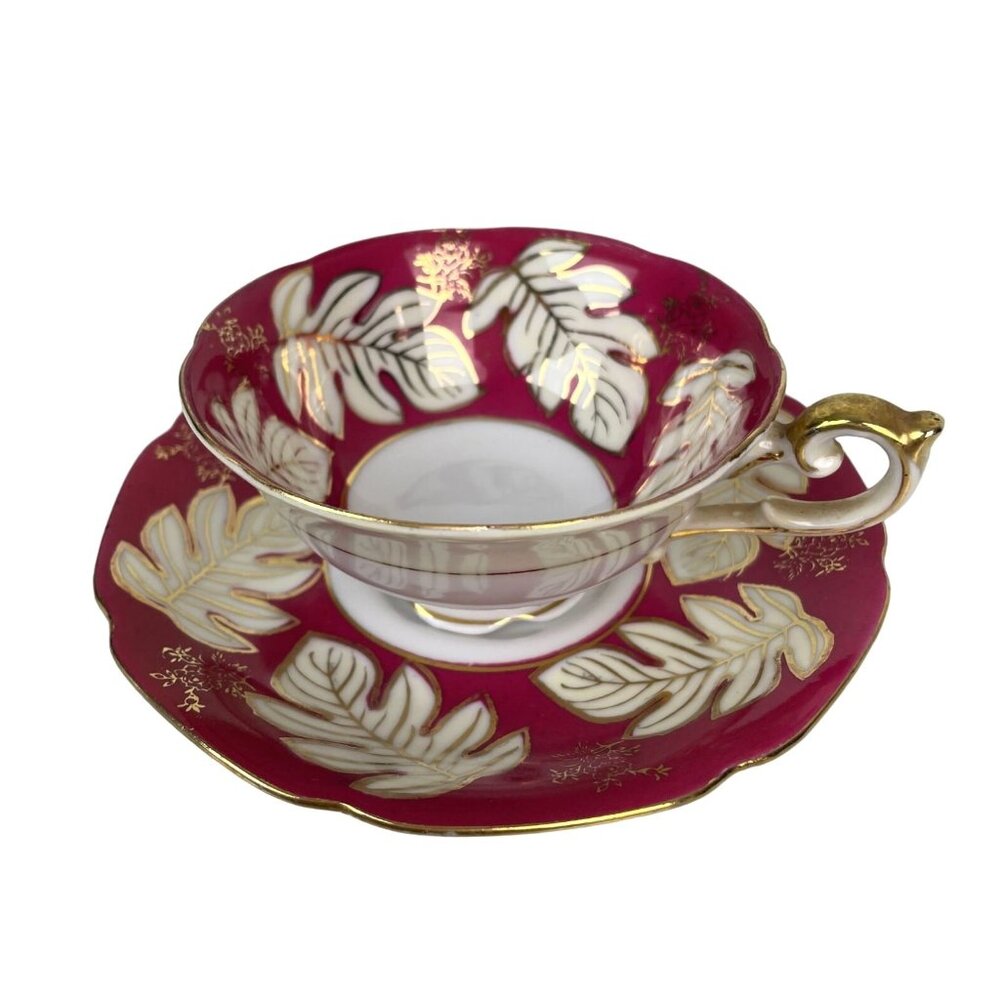 Vintage Ucago Made in Japan Pink & Gold Leaf Design Teacup & Saucer Hand Painted